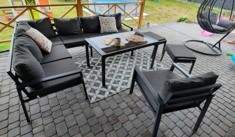 Komplet ogrodowy metalowy z narożnikiem, fotelem i pufami - Sodor Corner XL - Dark Grey