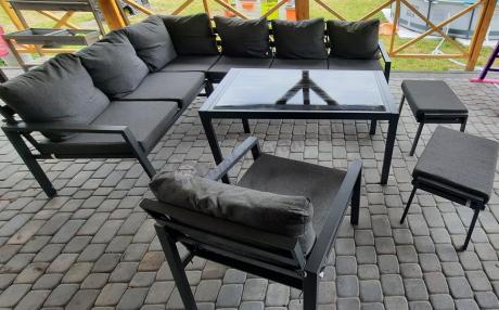 Komplet ogrodowy metalowy z narożnikiem, fotelem i pufami - Sodor Corner XL - Dark Grey