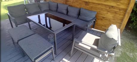 Komplet ogrodowy metalowy z narożnikiem, fotelem i pufami - Sodor Corner XL - Dark Grey