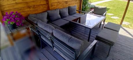 Komplet ogrodowy metalowy z narożnikiem, fotelem i pufami - Sodor Corner XL - Dark Grey