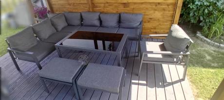 Komplet ogrodowy metalowy z narożnikiem, fotelem i pufami - Sodor Corner XL - Dark Grey