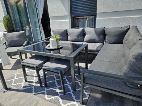 Komplet ogrodowy metalowy z narożnikiem, fotelem i pufami - Sodor Corner XL - Dark Grey
