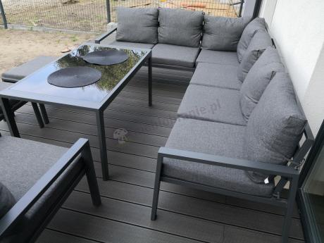 Komplet ogrodowy metalowy z narożnikiem, fotelem i pufami - Sodor Corner XL - Dark Grey