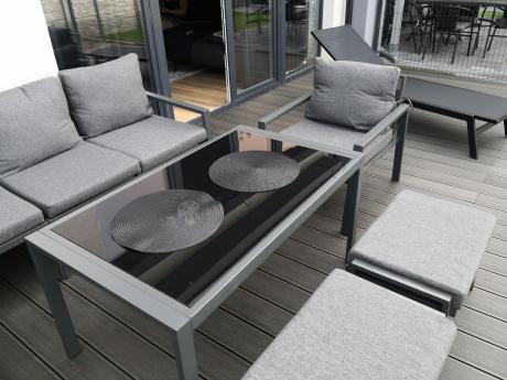Komplet ogrodowy metalowy z narożnikiem, fotelem i pufami - Sodor Corner XL - Dark Grey