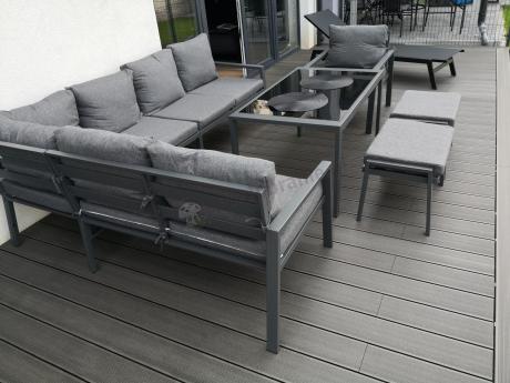 Komplet ogrodowy metalowy z narożnikiem, fotelem i pufami - Sodor Corner XL - Dark Grey