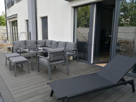 Komplet ogrodowy metalowy z narożnikiem, fotelem i pufami - Sodor Corner XL - Dark Grey
