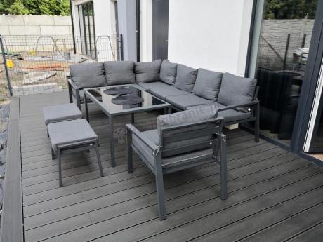 Komplet ogrodowy metalowy z narożnikiem, fotelem i pufami - Sodor Corner XL - Dark Grey