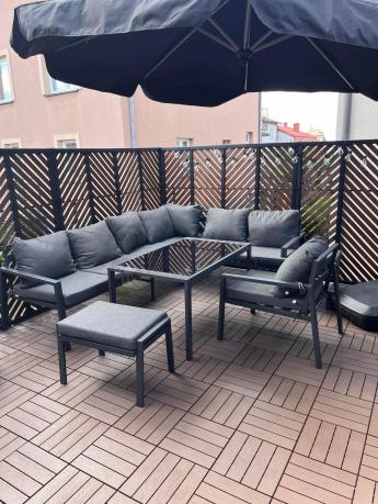 Komplet ogrodowy metalowy z narożnikiem, fotelem i pufami - Sodor Corner XL - Dark Grey