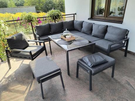 Komplet ogrodowy metalowy z narożnikiem, fotelem i pufami - Sodor Corner XL - Dark Grey