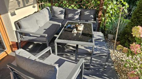 Komplet ogrodowy metalowy z narożnikiem, fotelem i pufami - Sodor Corner XL - Dark Grey