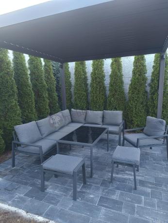 Komplet ogrodowy metalowy z narożnikiem, fotelem i pufami - Sodor Corner XL - Dark Grey