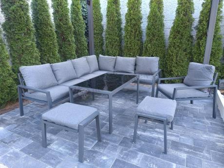 Komplet ogrodowy metalowy z narożnikiem, fotelem i pufami - Sodor Corner XL - Dark Grey