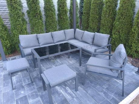 Komplet ogrodowy metalowy z narożnikiem, fotelem i pufami - Sodor Corner XL - Dark Grey