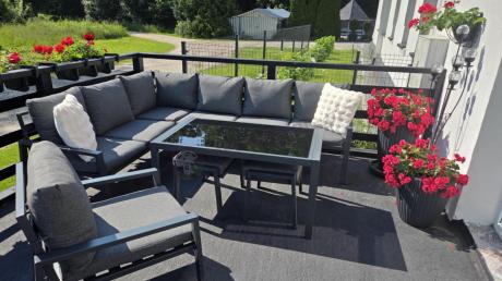 Komplet ogrodowy metalowy z narożnikiem, fotelem i pufami - Sodor Corner XL - Dark Grey