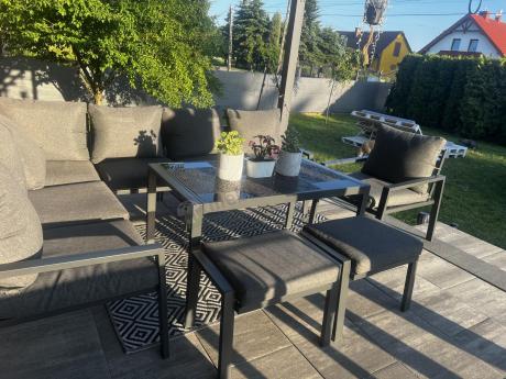 Komplet ogrodowy metalowy z narożnikiem, fotelem i pufami - Sodor Corner XL - Dark Grey