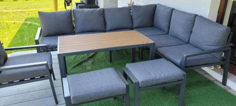 Komplet ogrodowy metalowy z narożnikiem, fotelem i pufami - Sodor Corner XL - Dark Grey Polywood