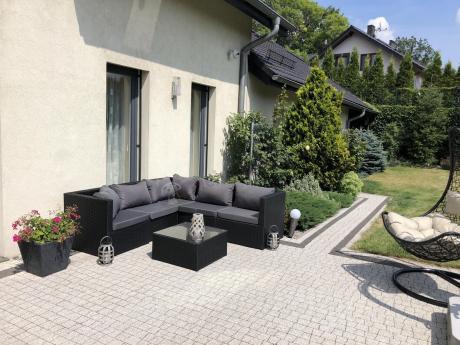 Komplet ogrodowy z technorattanu FARLITO IX CORNER Black Along & Ice Grey