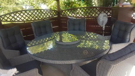 Komplet okrągły stół obiadowy 180cm + 8 foteli technorattan Laritto - Grey