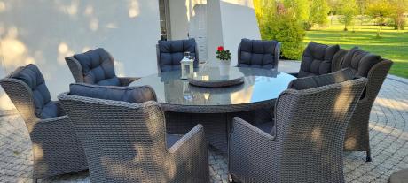 Komplet okrągły stół obiadowy 180cm + 8 foteli technorattan Laritto - Grey