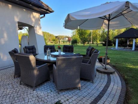 Komplet okrągły stół obiadowy 180cm + 8 foteli technorattan Laritto - Grey