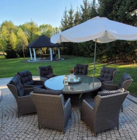 Komplet okrągły stół obiadowy 180cm + 8 foteli technorattan Laritto - Grey