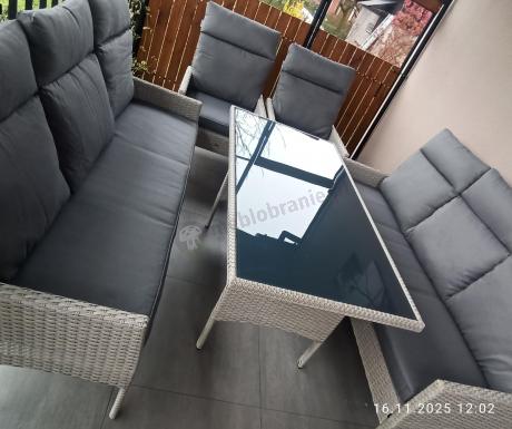 Komplet z technorattanu z wysokimi oparciami i stołem obiadowym Lirata Grande Grey