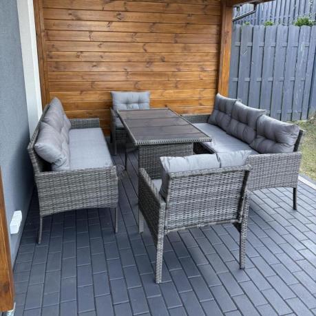 Komplet z technorattanu ze stołem obiadowym Perata Grande Dark Grey