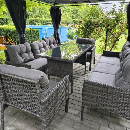 Komplet z technorattanu ze stołem obiadowym Perata Grande Dark Grey