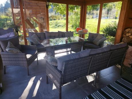 Komplet z technorattanu ze stołem obiadowym Perata Grande Dark Grey