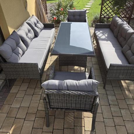 Komplet z technorattanu ze stołem obiadowym Perata Grande Dark Grey