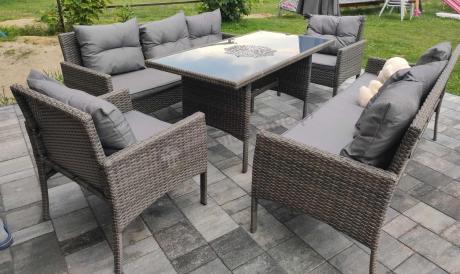 Komplet z technorattanu ze stołem obiadowym Perata Grande Dark Grey