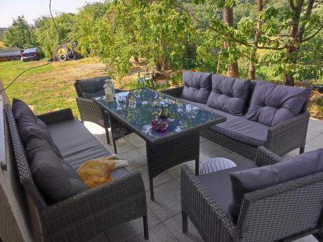 Komplet z technorattanu ze stołem obiadowym Perata Grande Dark Grey