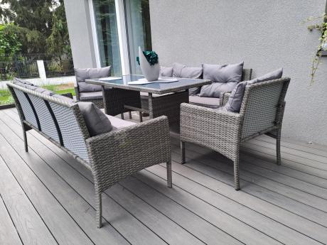 Komplet z technorattanu ze stołem obiadowym Perata Grande Dark Grey