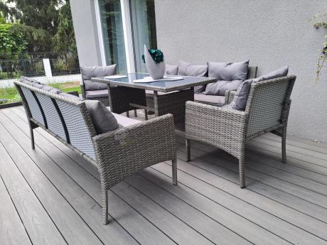 Komplet z technorattanu ze stołem obiadowym Perata Grande Dark Grey