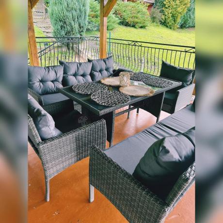 Komplet z technorattanu ze stołem obiadowym Perata Grande Dark Grey