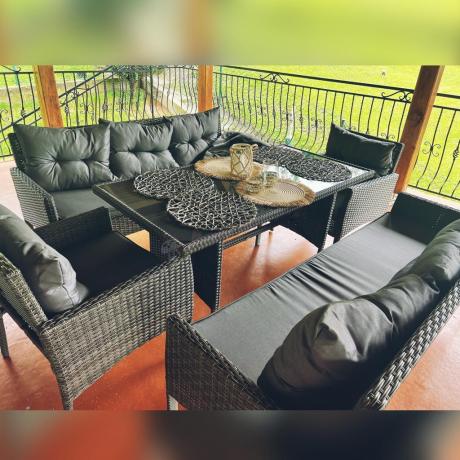 Komplet z technorattanu ze stołem obiadowym Perata Grande Dark Grey