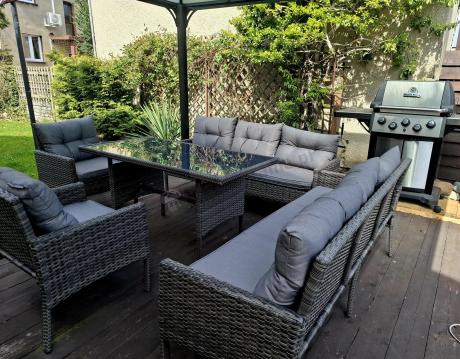 Komplet z technorattanu ze stołem obiadowym Perata Grande Dark Grey