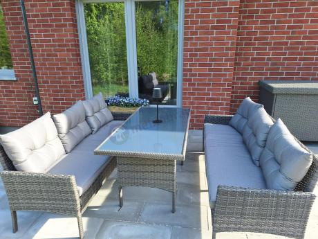 Komplet z technorattanu ze stołem obiadowym Perata Grande Dark Grey