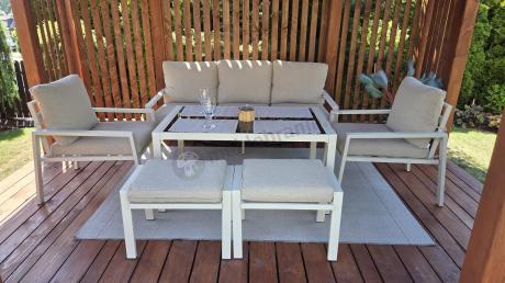 Kremowy komplet ogrodowy metalowy z sofą 175cm, fotelami i pufami - Sodor Max + pufy - Cream