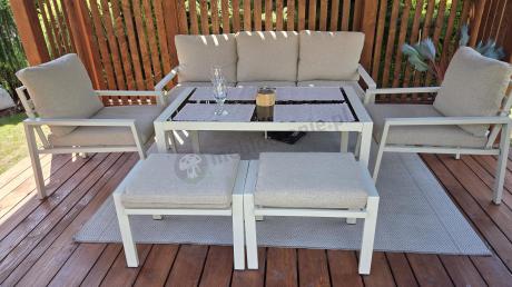 Kremowy komplet ogrodowy metalowy z sofą 175cm, fotelami i pufami - Sodor Max + pufy - Cream