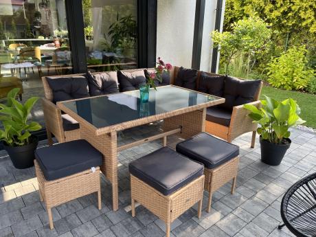 Mały narożnik ogrodowy 190x140cm + stół + pufy Torino Corner Yellow