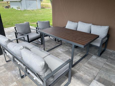 Meble dla 8 osób na taras - sofy 175cm, fotele, stół obiadowy 160cm - Panaon Grande LG