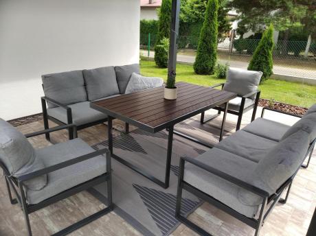 Meble dla 8 osób na taras - sofy 175cm, fotele, stół obiadowy 160cm - Panaon Grande LG