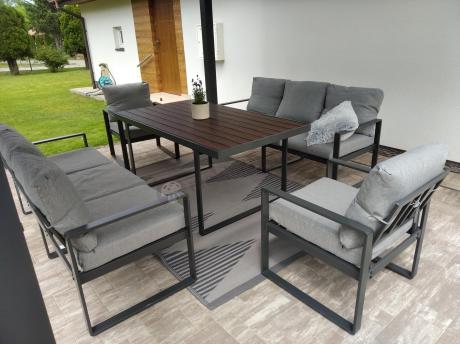 Meble dla 8 osób na taras - sofy 175cm, fotele, stół obiadowy 160cm - Panaon Grande LG