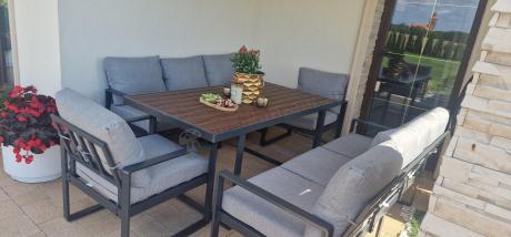 Meble dla 8 osób na taras - sofy 175cm, fotele, stół obiadowy 160cm - Panaon Grande LG
