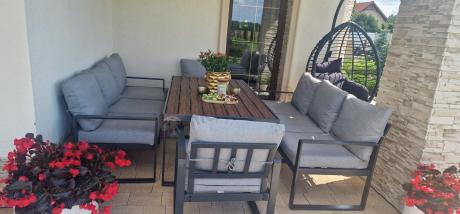 Meble dla 8 osób na taras - sofy 175cm, fotele, stół obiadowy 160cm - Panaon Grande LG