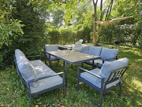 Meble dla 8 osób na taras - sofy 175cm, fotele, stół obiadowy 160cm - Panaon Grande LG