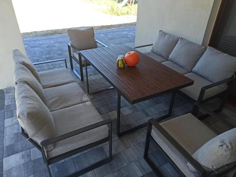 Meble dla 8 osób na taras - sofy 175cm, fotele, stół obiadowy 160cm - Panaon Grande LG