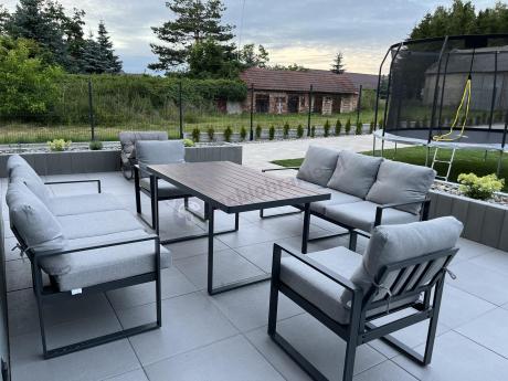 Meble dla 8 osób na taras - sofy 175cm, fotele, stół obiadowy 160cm - Panaon Grande LG