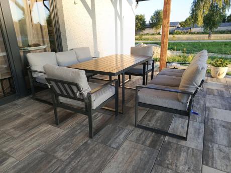 Meble dla 8 osób na taras - sofy 175cm, fotele, stół obiadowy 160cm - Panaon Grande LG